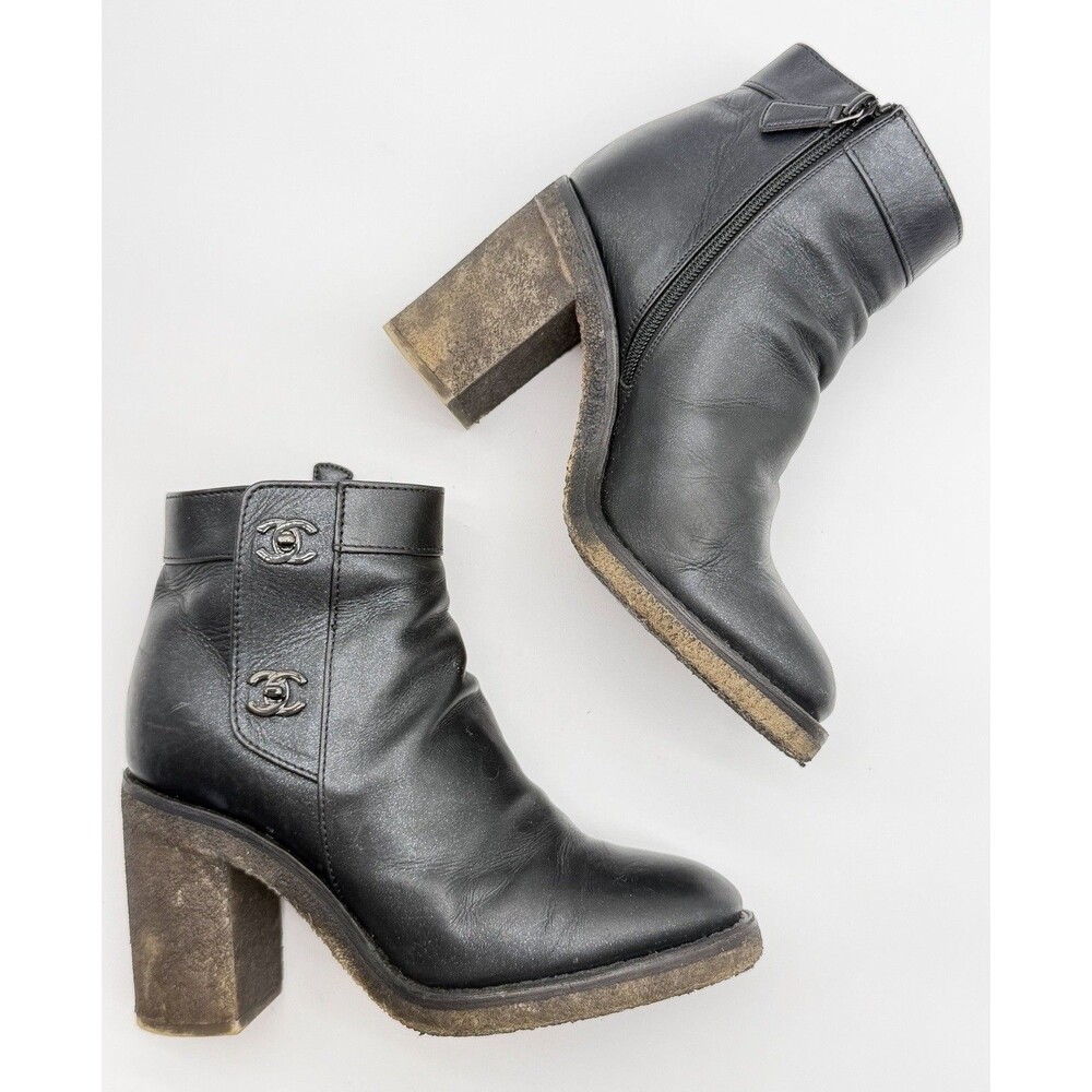 Chanel CC Turnlock Ankle Boots EU 36.5  US 6 Black Block Heel Booties - Picture 5 of 11